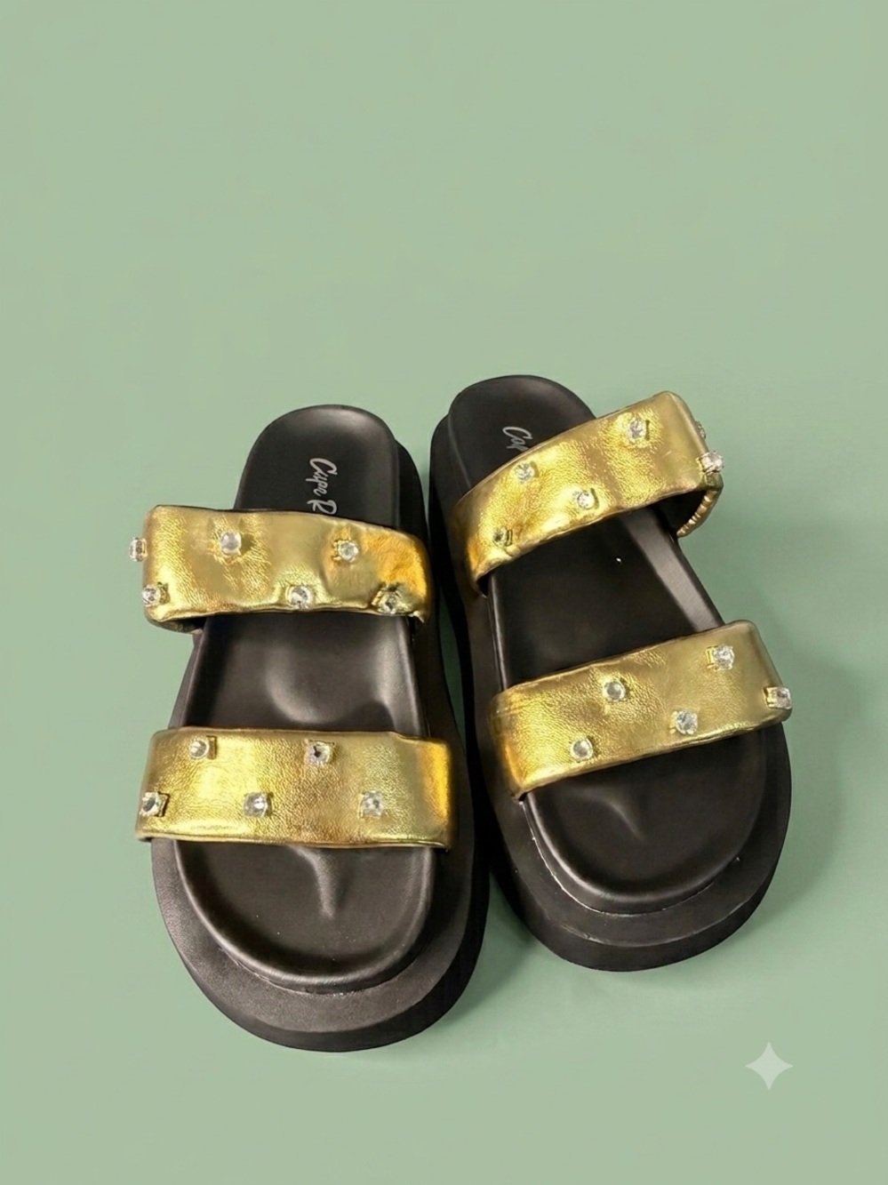 Cape Robbin Gold and Black Studded Double-Strap Platform Sandals